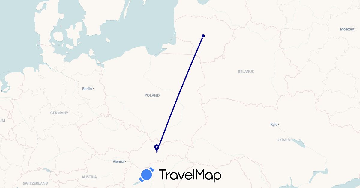 TravelMap itinerary: driving in Lithuania, Slovakia (Europe)